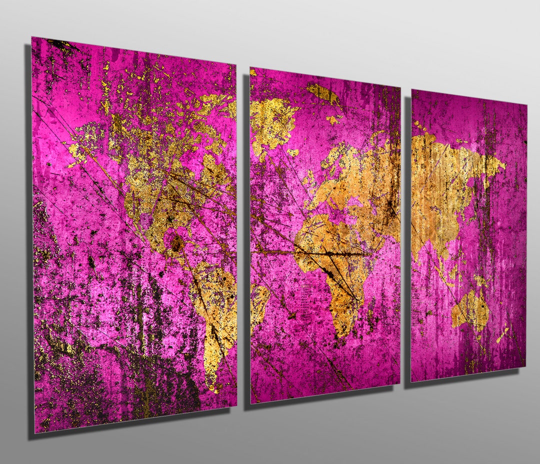 Metal Prints - Abstract Dark-phlox World Map - 3 Panel Split, Triptych ...
