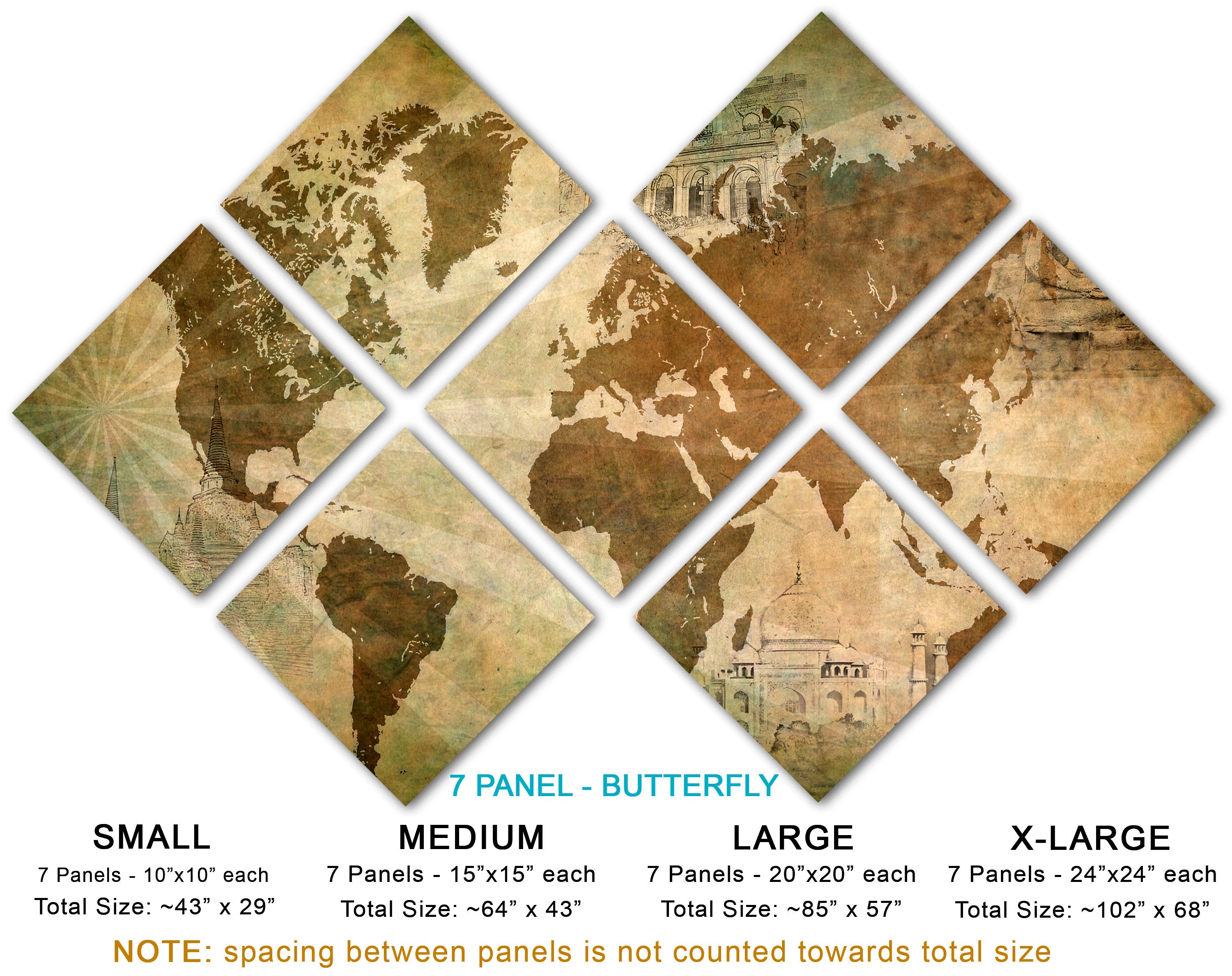 Metal Print - Landmark World Map - 3 Panel Split (triptych) - Metal ...