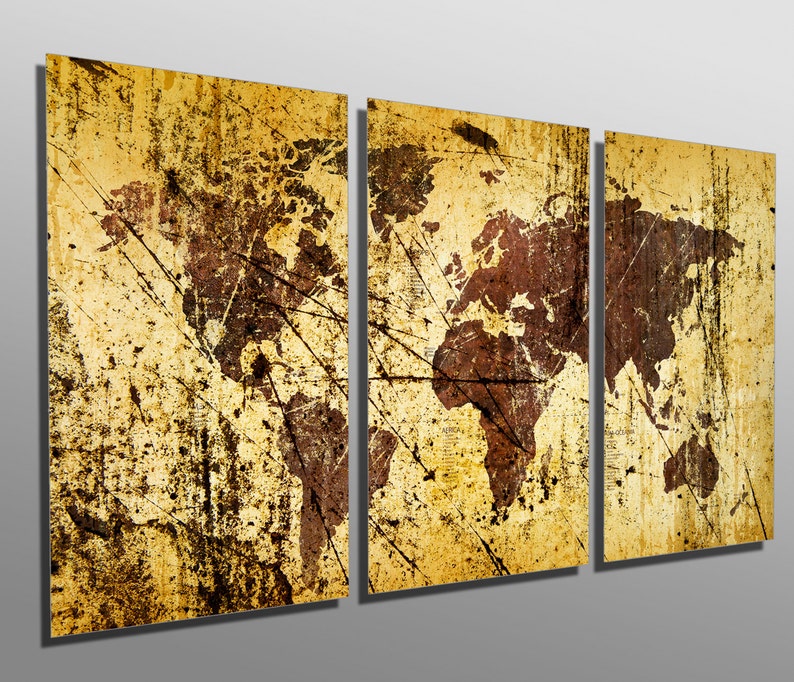 Metal Prints - Abstract Kobicha World Map - 3 Panel Split (triptych ...