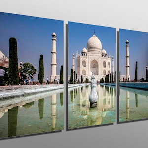 Metal Print - Taj Mahal, fountain - 3 Panel split, Triptych - Multi Panel Metal wall art HD aluminum prints for wall decor & interior design