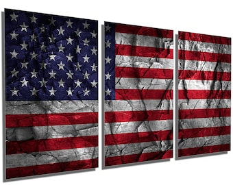 Metal Prints - United States, USA Flag Stone Effect - 3 Panel split, Triptych - Metal wall art HD aluminum print home decor, interior design