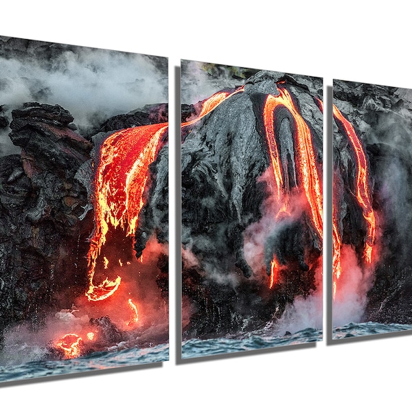 Metal Prints - Hawaii Lava flowing into ocean wall art - 3 Panel split, Triptych - Metal HD aluminum prints wall decor & interior design