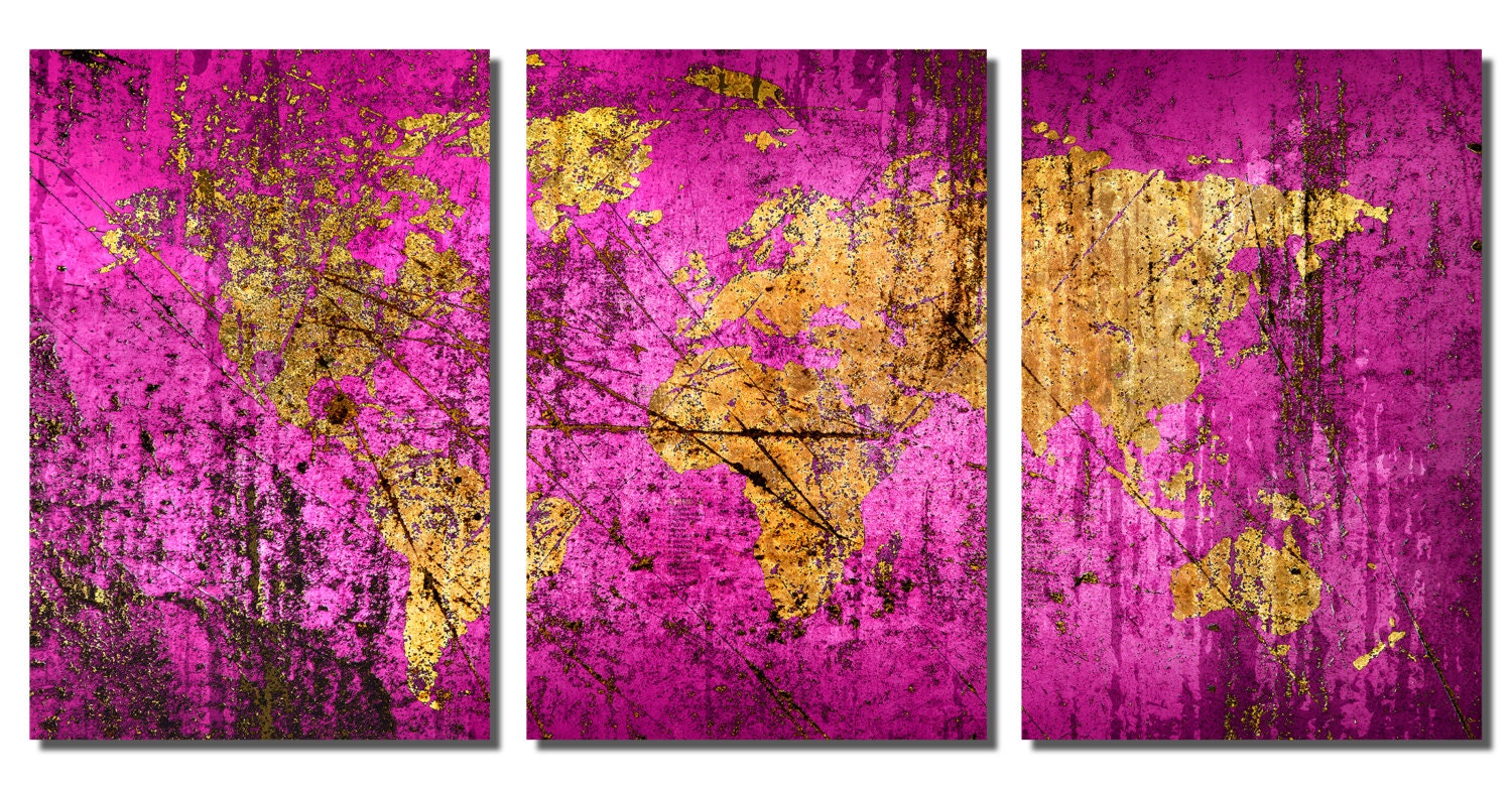 Metal Prints - Abstract Dark-phlox World Map - 3 Panel Split, Triptych ...