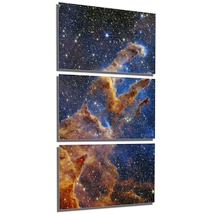May include: A three-panel canvas print depicting a nebula in space. The nebula is a swirling mass of gas and dust, with shades of orange, yellow, and blue. The background is a dark blue, dotted with countless stars.