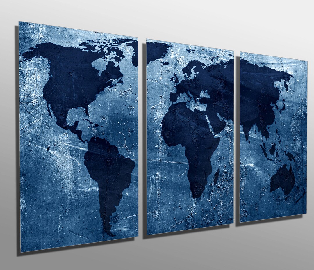 Metal Prints - Abstract Dark Blue World Map - 3 Panel Split (triptych ...