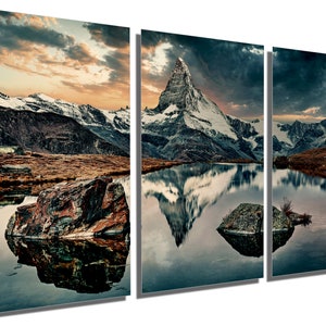Metal Print - Swiss Alps of Matterhorn Mountain Wall Art with Lake Stellisee. Mountain decor dramatic skies-Metal wall art HD aluminum print