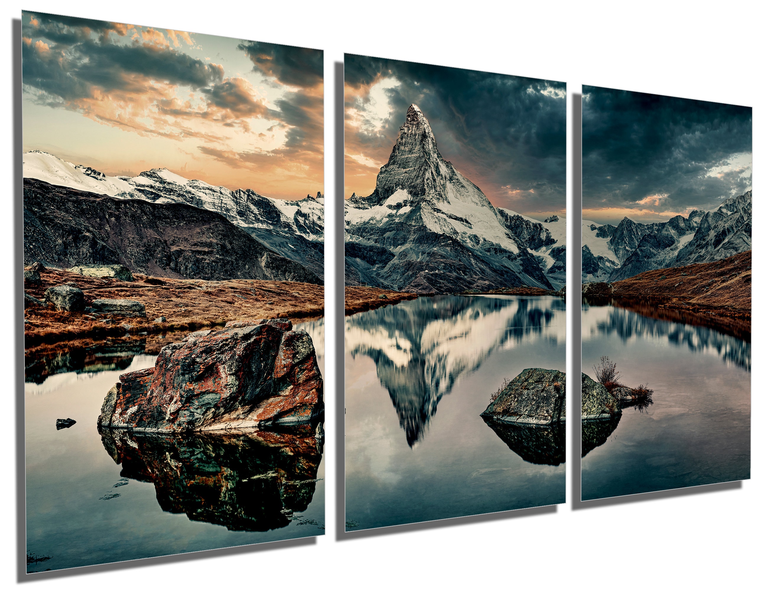 アート・デザイン・音楽 Cette Montagne C'Est Moi Metal Print - Swiss Alps of Matterhorn Mountain Wall Art With Lake
