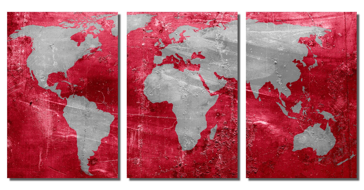 Metal Prints - Red and Silver World Map - 3 Panel Split, Triptych ...