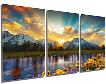 Metal Prints - Grand Tetons park mountain sunset - 3 Panel split, Triptych- Metal wall art HD aluminum prints wall decor interior design