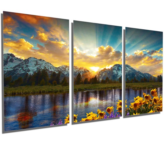 Metal Prints - Grand Tetons Park Mountain Sunset - 3 Panel Split