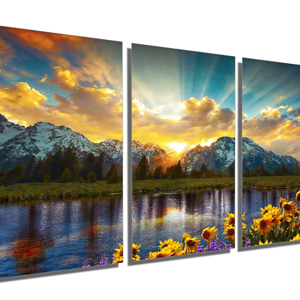 Metal Prints - Grand Tetons park mountain sunset - 3 Panel split, Triptych- Metal wall art HD aluminum prints wall decor interior design