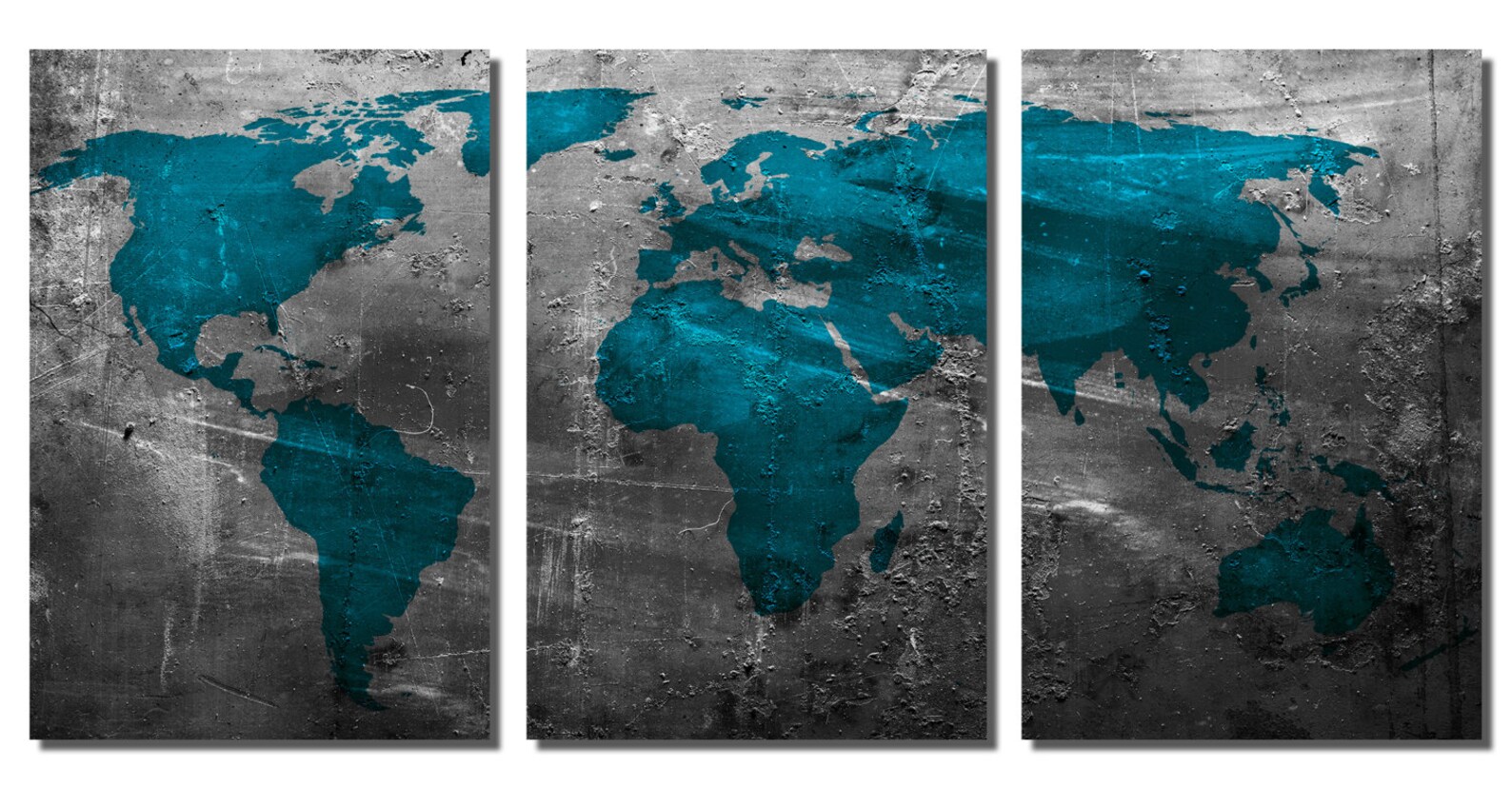 Metal Prints - Abstract Teal World Map - 3 Panel Split, Triptych ...
