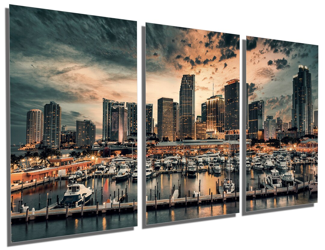 Metal Print Miami Skyline Wall Art. Panoramic City Art Print Set