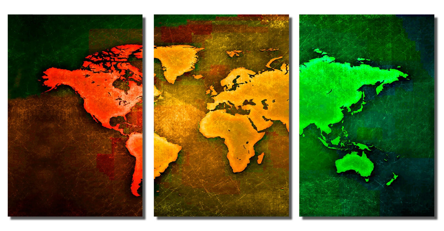 Metal Print - Pop Art World Map - 3 Panel Split (triptych) - Metal Wall ...