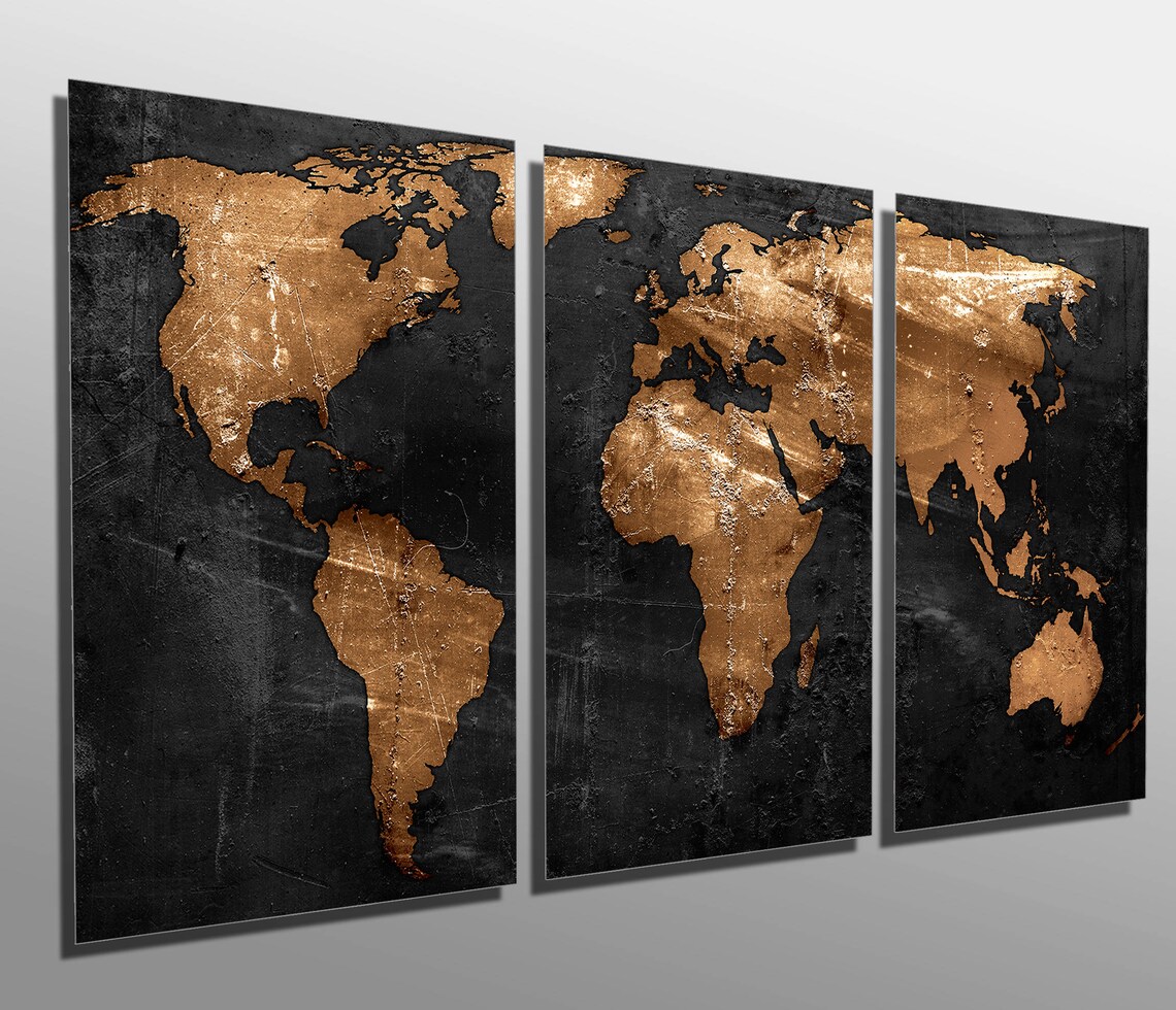 Metal Prints Abstract Black Bronze World Map 3 Panel Split | Etsy