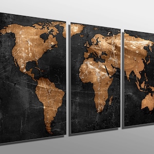 Impressions métalliques - Carte du monde abstraite en bronze noir - 3 panneaux divisés (triptyque) - Art mural en métal sur impressions HD sur aluminium pour la décoration et l'aménagement d'intérieur