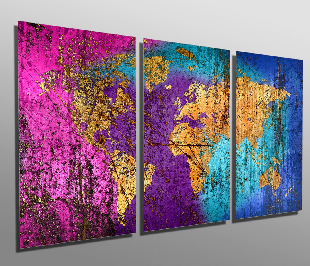 Metal Prints - Abstract Mixed Art World Map - 3 Panel split (Triptych ...