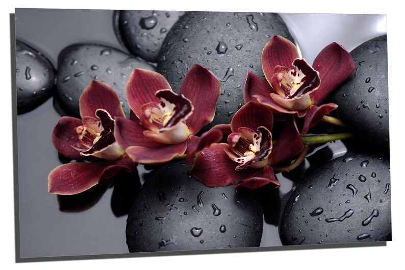 Orchid Flower Wall Art on Black therapy stones Spa wall decor Metal Print Metal HD aluminum multi panel home wall decor Zen Art