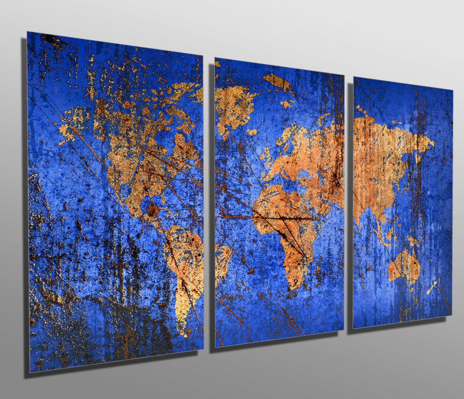 Metal Prints - Abstract Blue World Map - 3 Panel Split (triptych ...