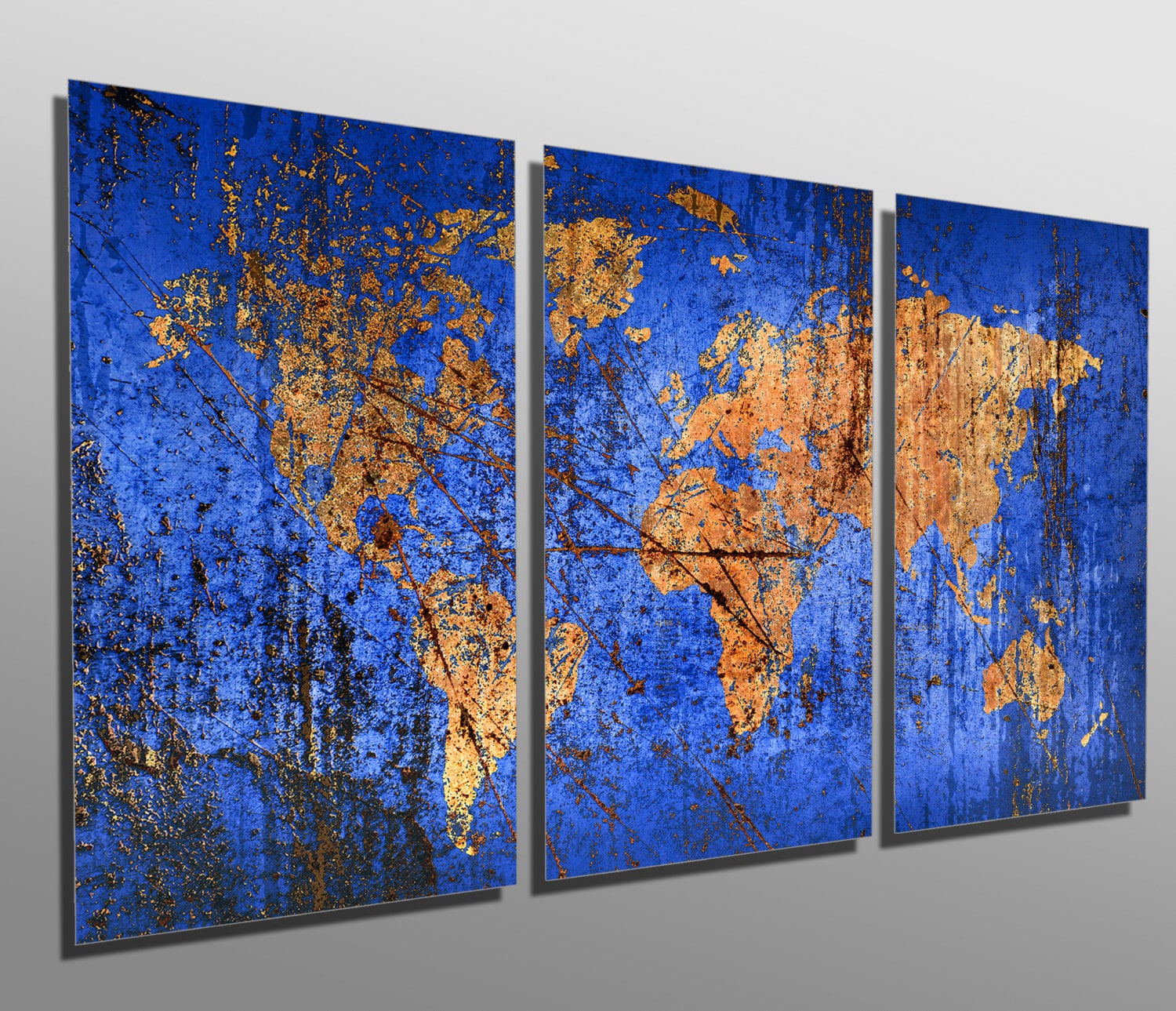 Metal Prints - Abstract Blue World Map - 3 Panel Split (triptych ...