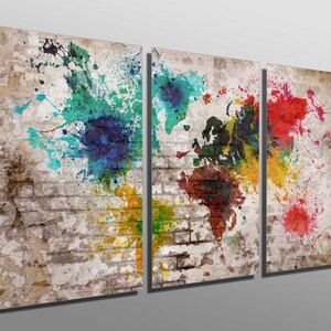 Metal Prints - Brick Wall Colorful World Map - 3 Panel Split, Triptych ...