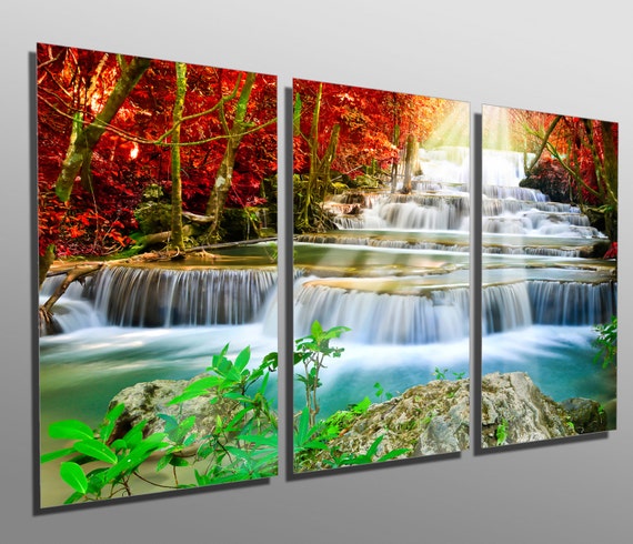 Metal Prints - Cascading Forest Waterfall - 3 Panel Split