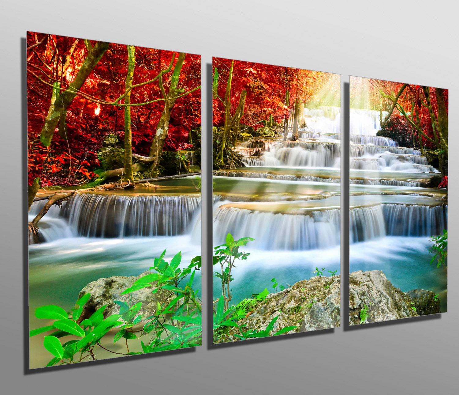 Metal Prints - Cascading Forest Waterfall - 3 Panel split, Triptych - Metal wall art on HD aluminum prints for wall decor & interior design