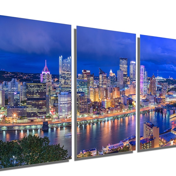 Metal Prints - Pittsburgh, Pennsylvania skyline at dusk - 3 Panel split, Triptych Metal wall art. HD aluminum prints, wall decor