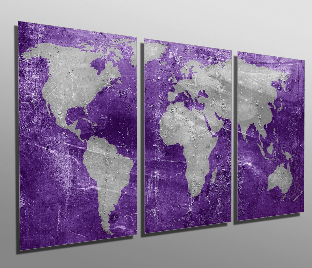 Metal Prints Purple and Silver World Map 3 Panel Split, Triptych Metal ...
