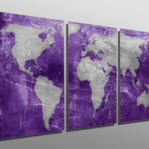 Metal Prints Purple and Silver World Map 3 Panel Split, Triptych Metal ...