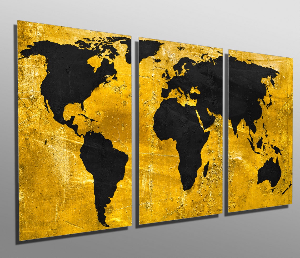Metal Prints - Black and Gold World Map - 3 Panel Split, Triptych ...