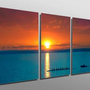 Metal Print - Rowing during Sunset - 3 Panel split, Triptych Metal wall art. HD aluminum prints for wall decor, interior design. orange blue