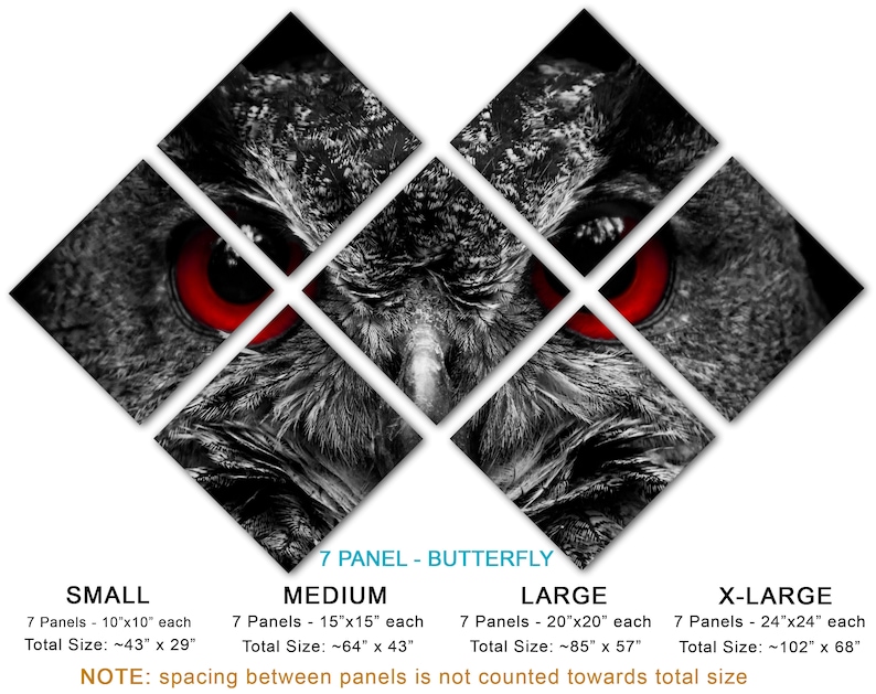 interior design Triptych 3 Panel split Blood Eyed Owl wall art Portrait Metal HD aluminum prints home wall decor Metal Prints