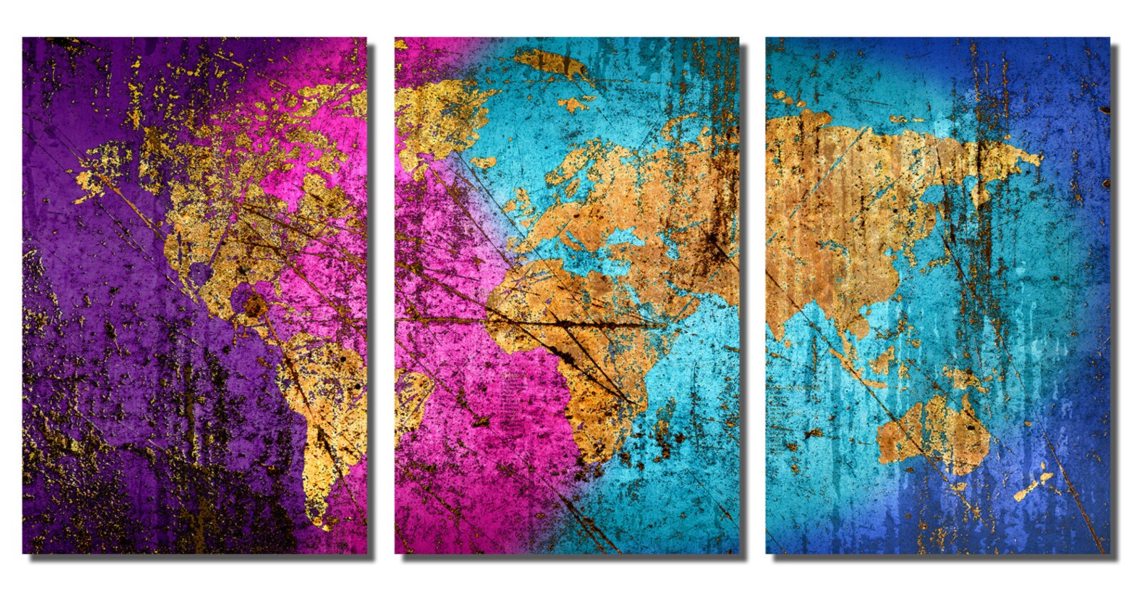 Metal Prints - Abstract Mixed Art World Map - 3 Panel Split (triptych ...