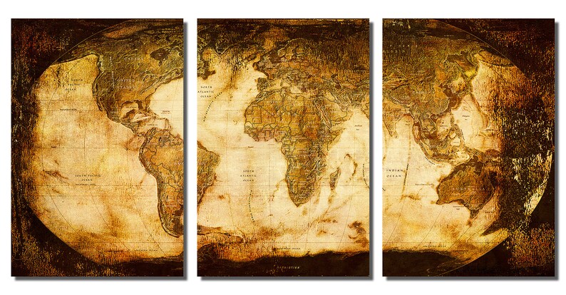 Metal Prints - Rustic World Map - 3 Panel Split (triptych) - Multi ...