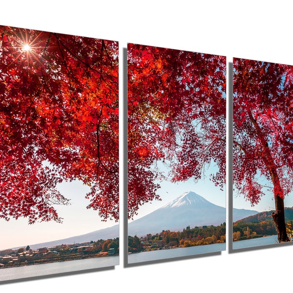 Metal Print - Mount Fuji, Japan behind red maple tree - 3 Panel split (Triptych) - Metal wall art on HD aluminum prints. home wall decor