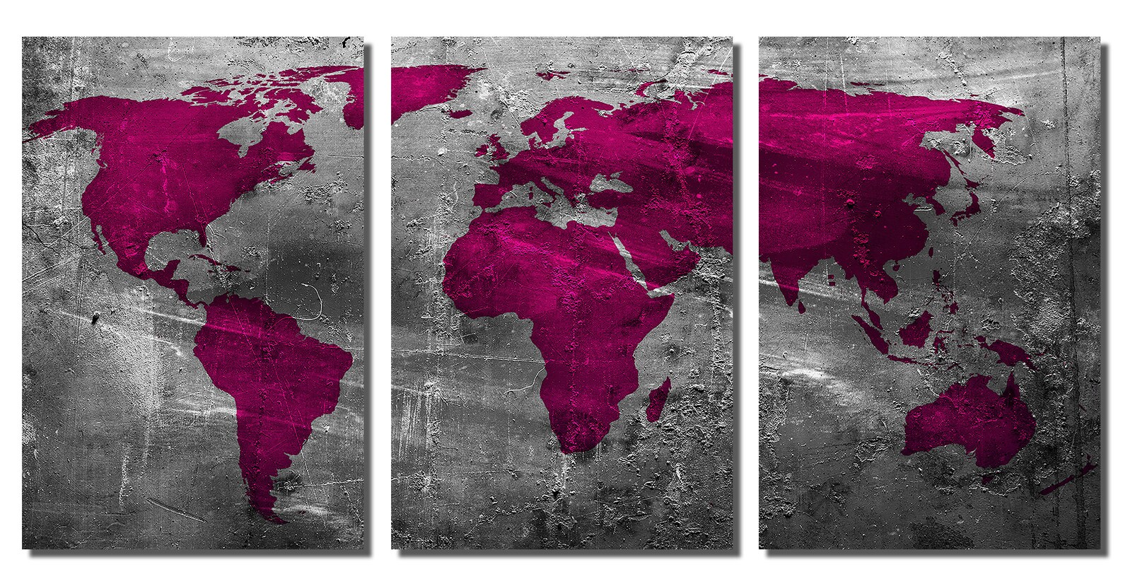 Metal Prints - Abstract Amaranth Purple World Map - 3 Panel Split ...