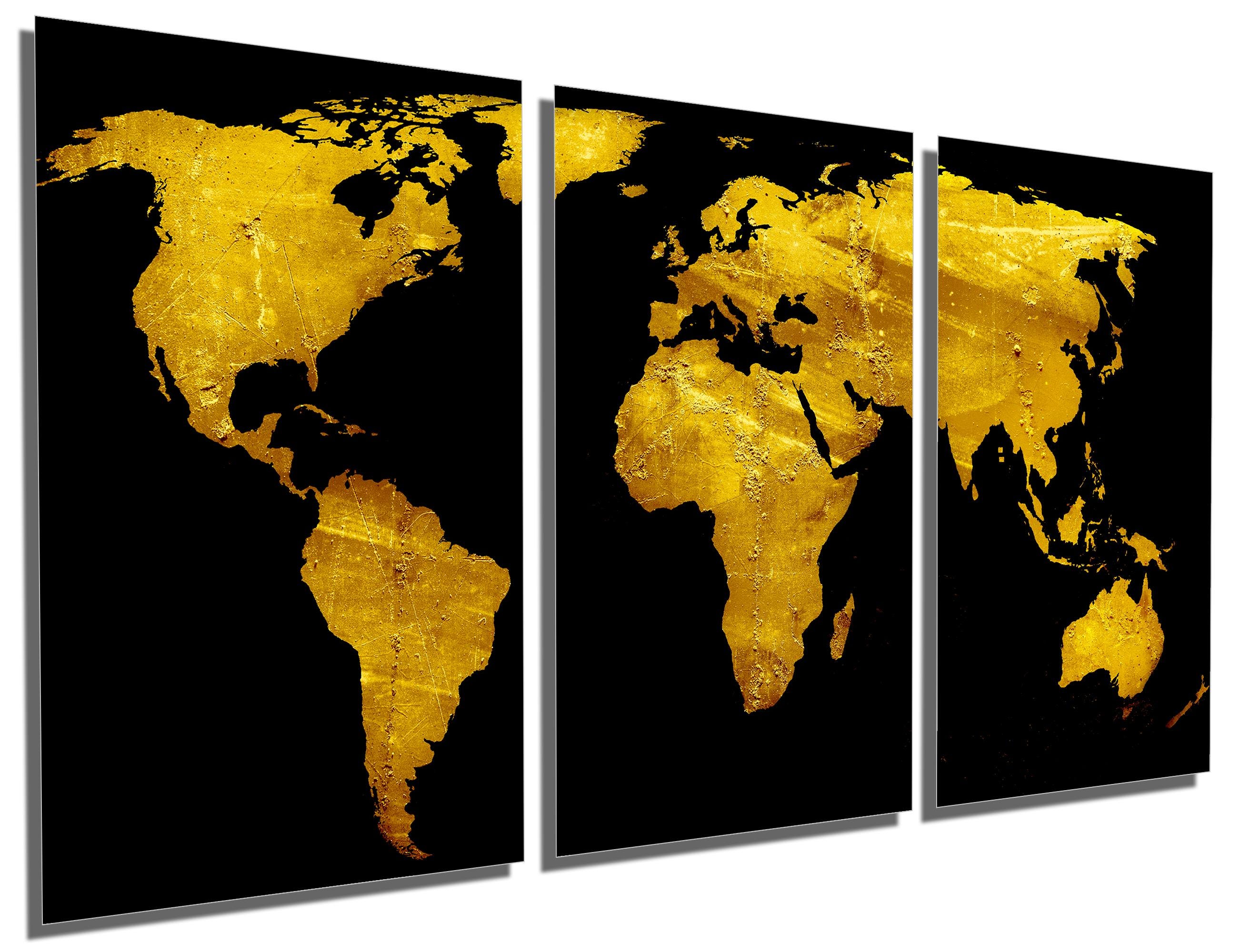 Metal Prints - Black Gold Abstract World Map - 3 Panel Split, Triptych ...