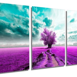 Metal Print - Lone Tree in field Wall Art. Purple Tree Print Scenic art, scenery print - Metal HD aluminum multi panel home wall decor art