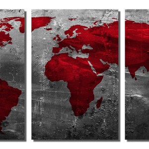 Metal Prints - Abstract Deep Red World Map - 3 Panel Split, Triptych ...