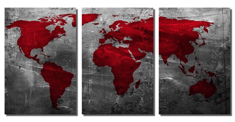 Metal Prints - Abstract Deep Red World Map - 3 Panel Split, Triptych ...