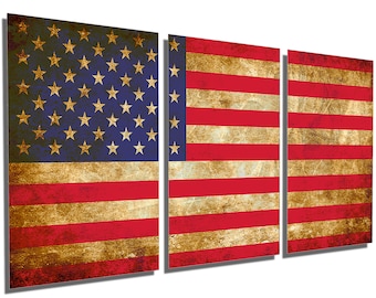 Metal Prints - United States, USA Flag Rustic Grunge - 3 Panel split, Triptych - Metal wall art HD aluminum prints for home decor wall decor