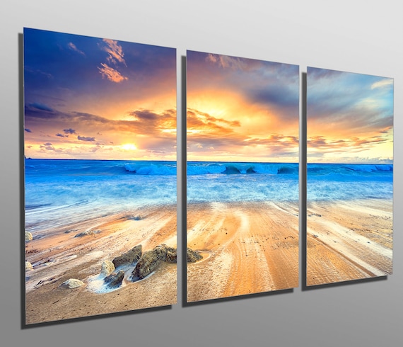 Metal Prints Gorgeous Beach Sunset 3 Panel Split Triptych Metal