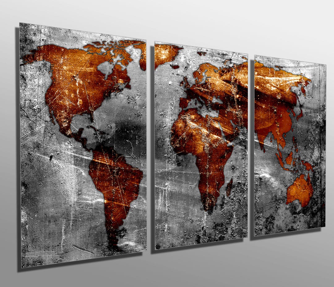 Metal Prints - Abstract Copper Gray World Map - 3 Panel Split (triptych ...