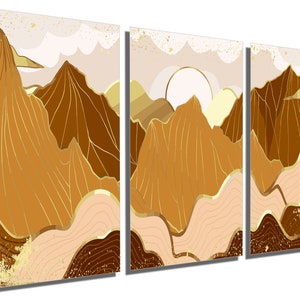 Metal Print - Mountains Illustration Wall Art Landscape. Oriental Decor, asian wall art print in orange & gold - Metal wall art HD aluminum