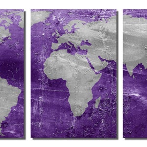 Metal Prints Purple and Silver World Map 3 Panel Split, Triptych Metal ...