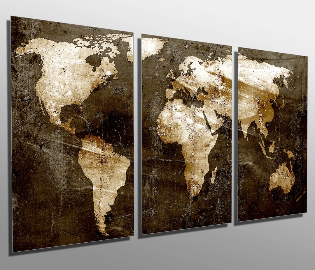 Metal Prints - Abstract Rustic Brown World Map - 3 Panel Split ...