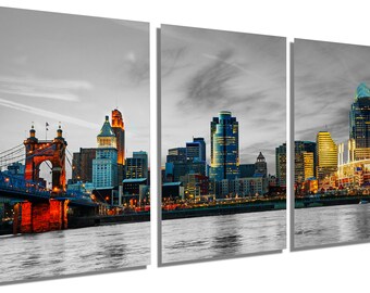 Metal Print - Cincinnati Wall Art, Cincinnati Ohio Skyline Color black & white background - Metal HD aluminum multi panel home wall decor