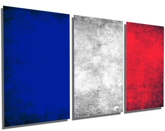 Metal Prints - French Flag Grunge - 3 Panel split, Triptych - Metal wall art. HD aluminum prints for office, home decor & interior design