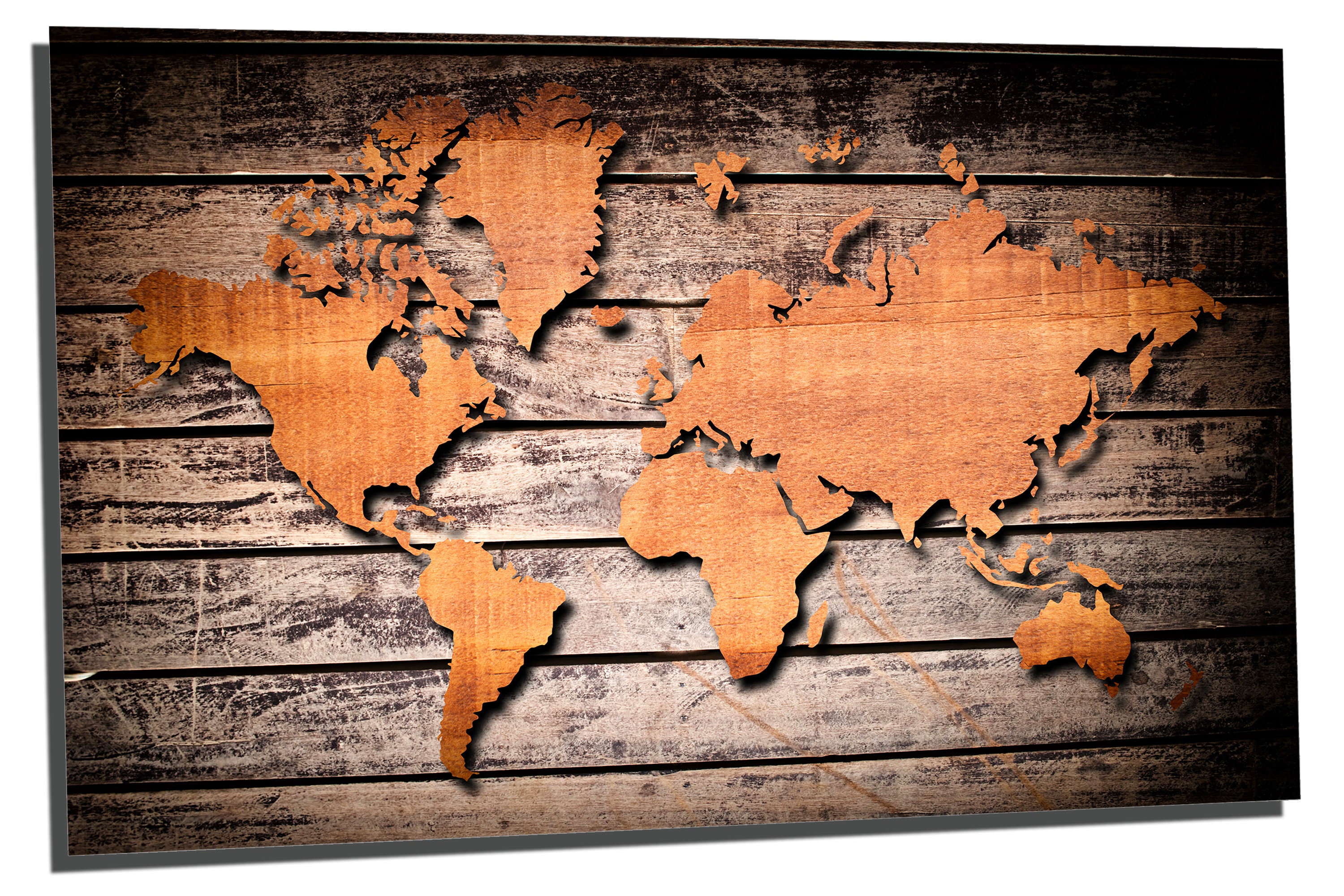 Metal Prints - Wood Style Brown World Map - 3 Panel Split, Triptych ...